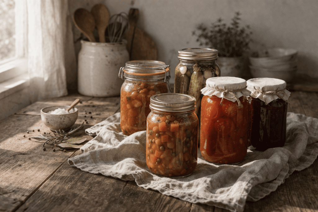 Cocina rústica con botes de comida en conserva