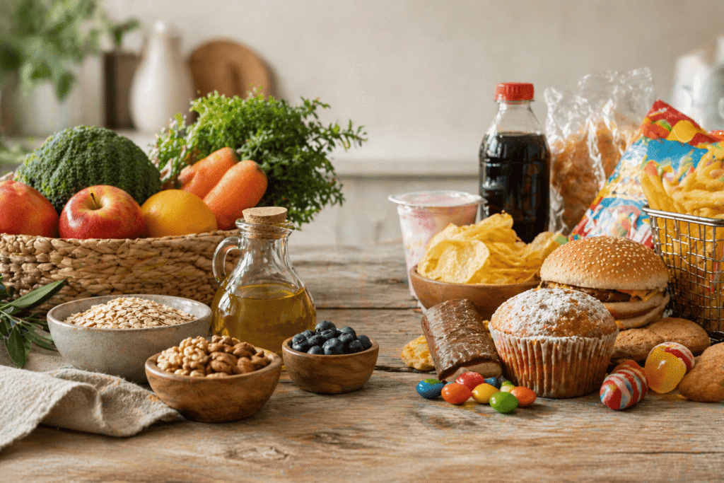 Alimentos saludables a la izquierda y alimentos ultraprocesados a la derecha.