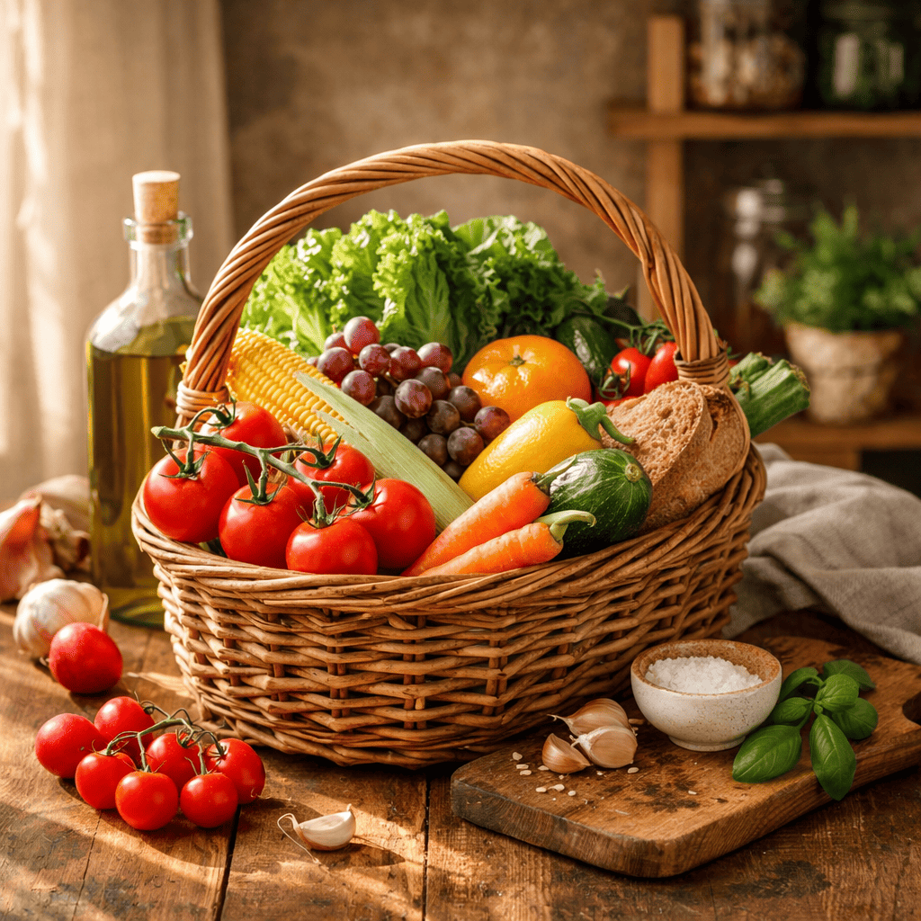 Cesta con frutas y verduras de temporada