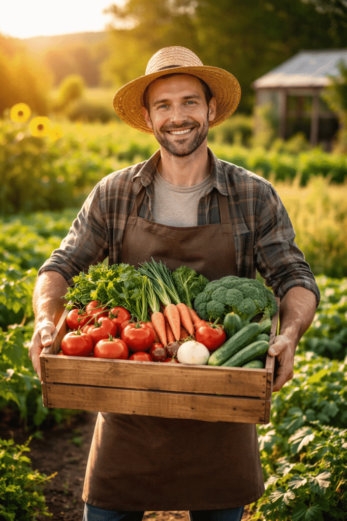 Agricultor con cesta de verduras de temporada