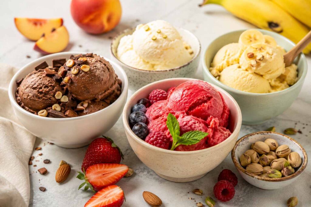 Helados caseros de fruta, chocolate y yogur con frutos secos