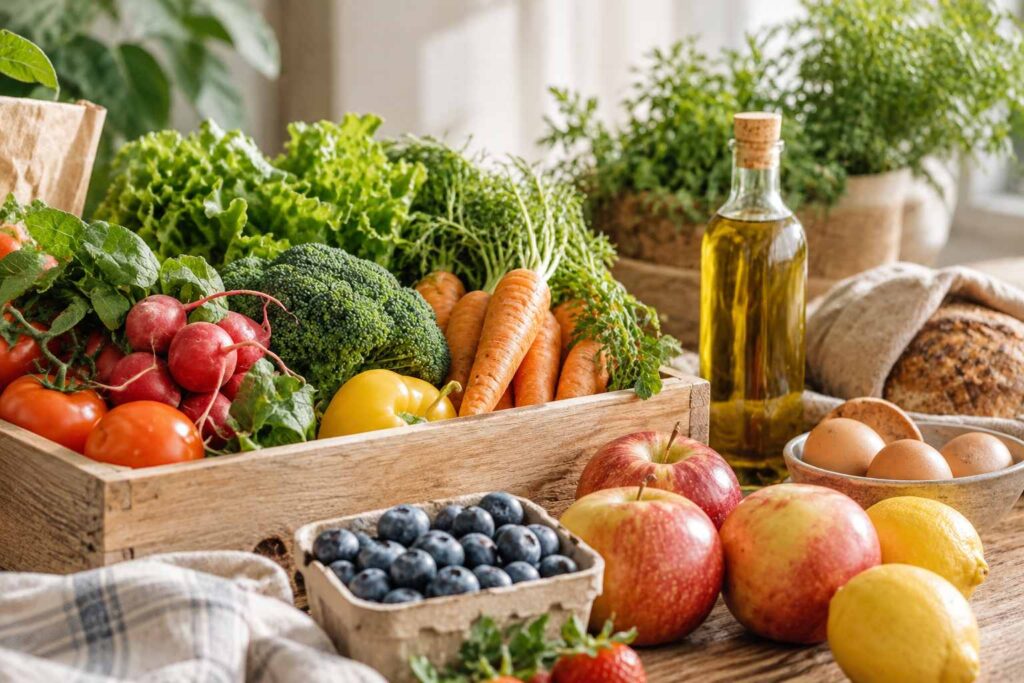 Caja de verduras y frutas frescas junto a huevos, aceite de oliva y pan