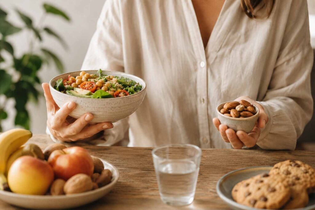 Mujer sosteniendo un bol de ensalada y un pequeño cuenco de frutos secos, rodeada de alimentos frescos