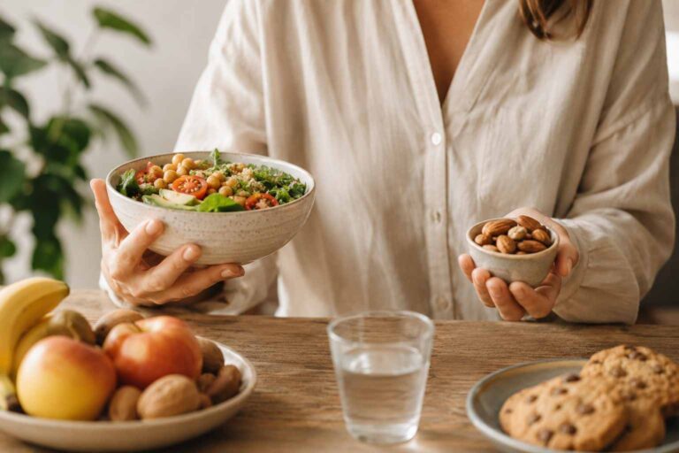 Mujer sosteniendo un bol de ensalada y un pequeño cuenco de frutos secos, rodeada de alimentos frescos