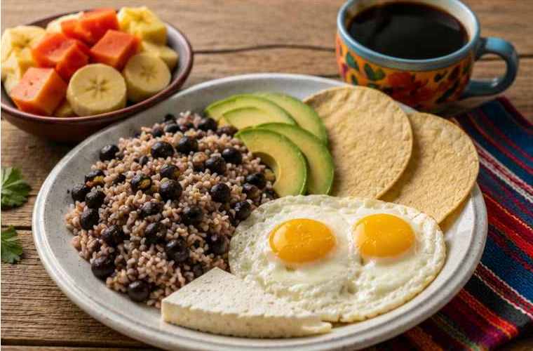 Desayuno con gallo pinto, aguacate, huevos, café, tortitas de maíz y fruta tropical.