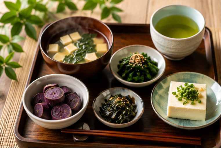 Desayuno con sopa de miso y tofu, boniato morado, algas y té verde.