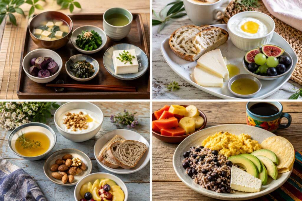 Ejemplos de cuatro desayunos de personas longevas en las Blue Zones