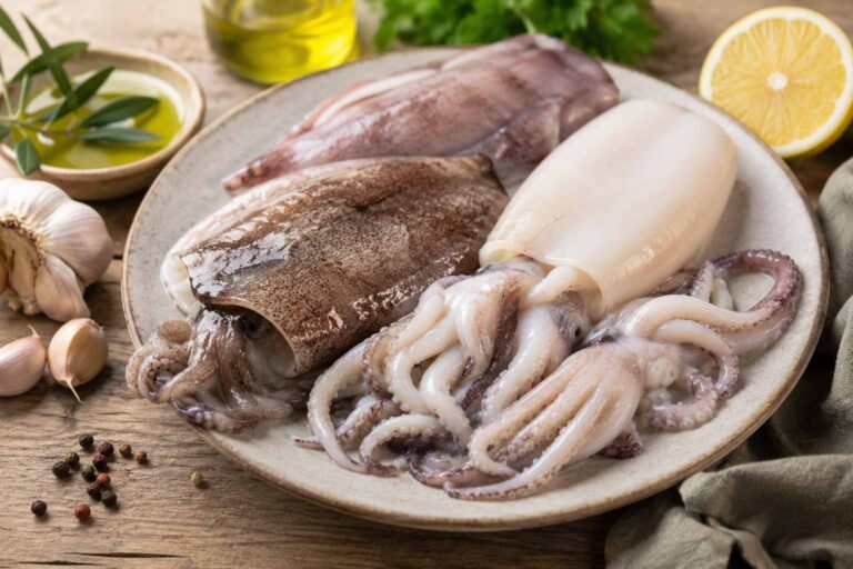 Sepia y calamar frescos sobre un plato con limón, ajo y aceite de oliva