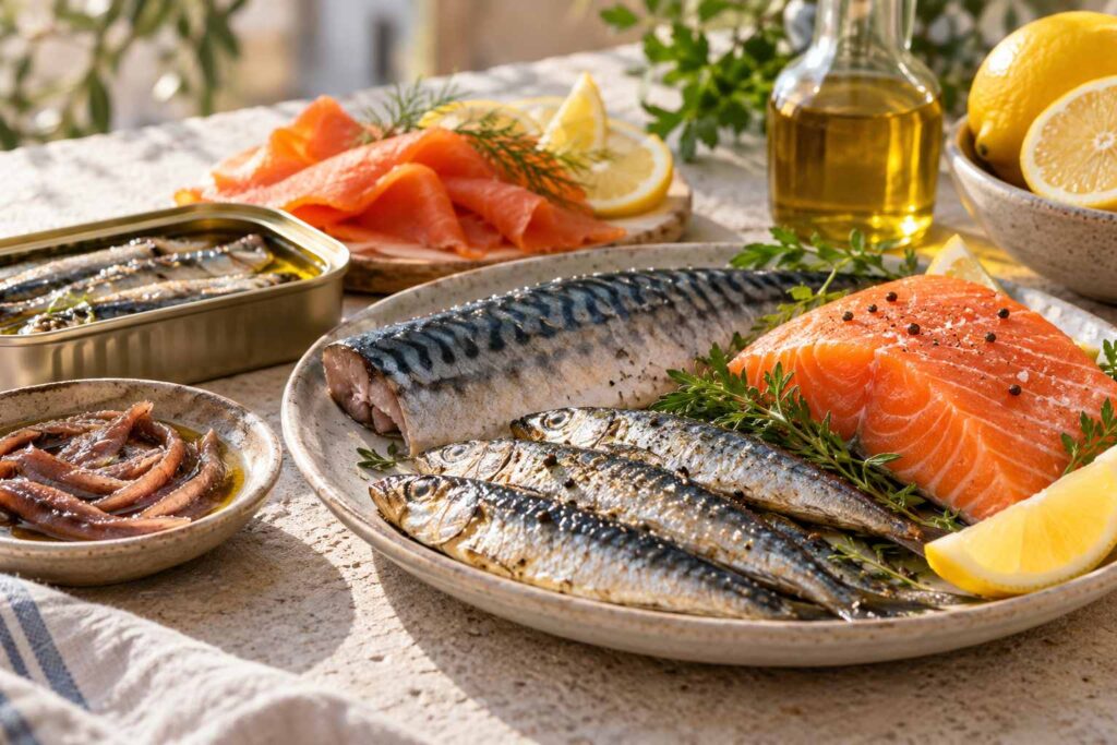 Variedad de pescados azules, con salmón, sardinas, caballa y anchoas, acompañados de limón y aceite de oliva.