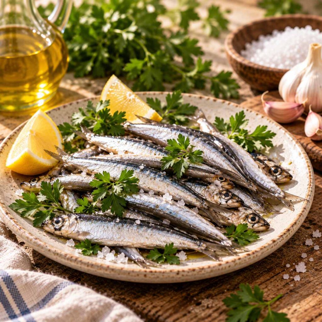 Boquerones frescos enteros dispuestos en un plato de cerámica con perejil y limón.