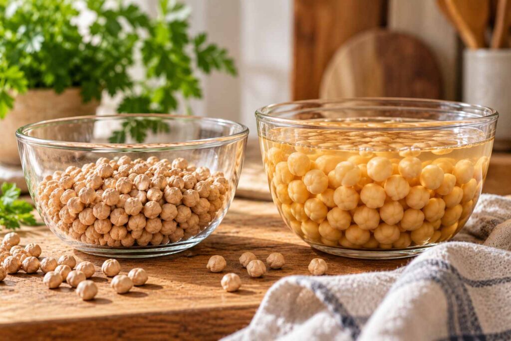 Garbanzos secos junto a garbanzos hidratados después del remojo.