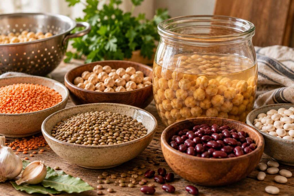 Variedad de legumbres secas y garbanzos en remojo preparados para cocinar sobre mesa rústica.