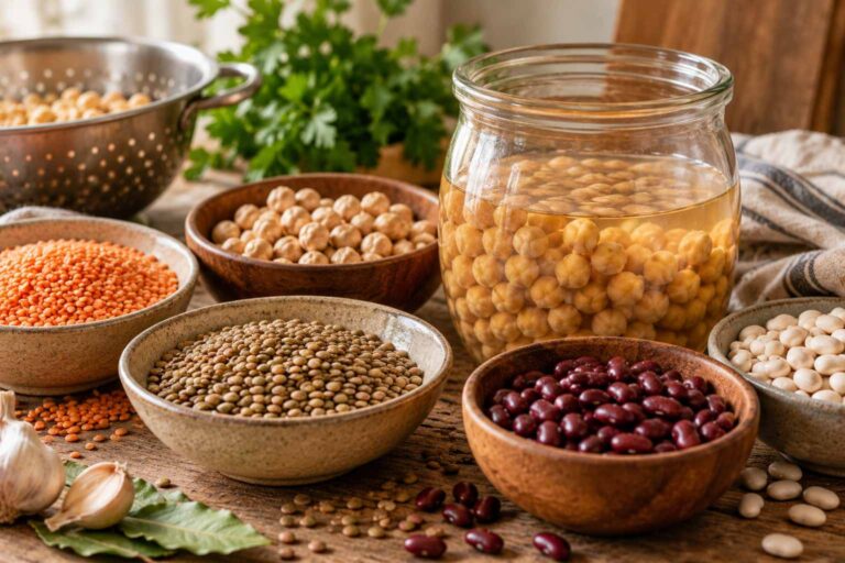 Variedad de legumbres secas y garbanzos en remojo preparados para cocinar sobre mesa rústica.
