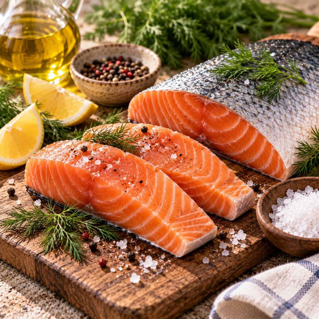 Lomos de salmón fresco con piel sobre una tabla de madera, acompañados de eneldo, sal y pimienta.