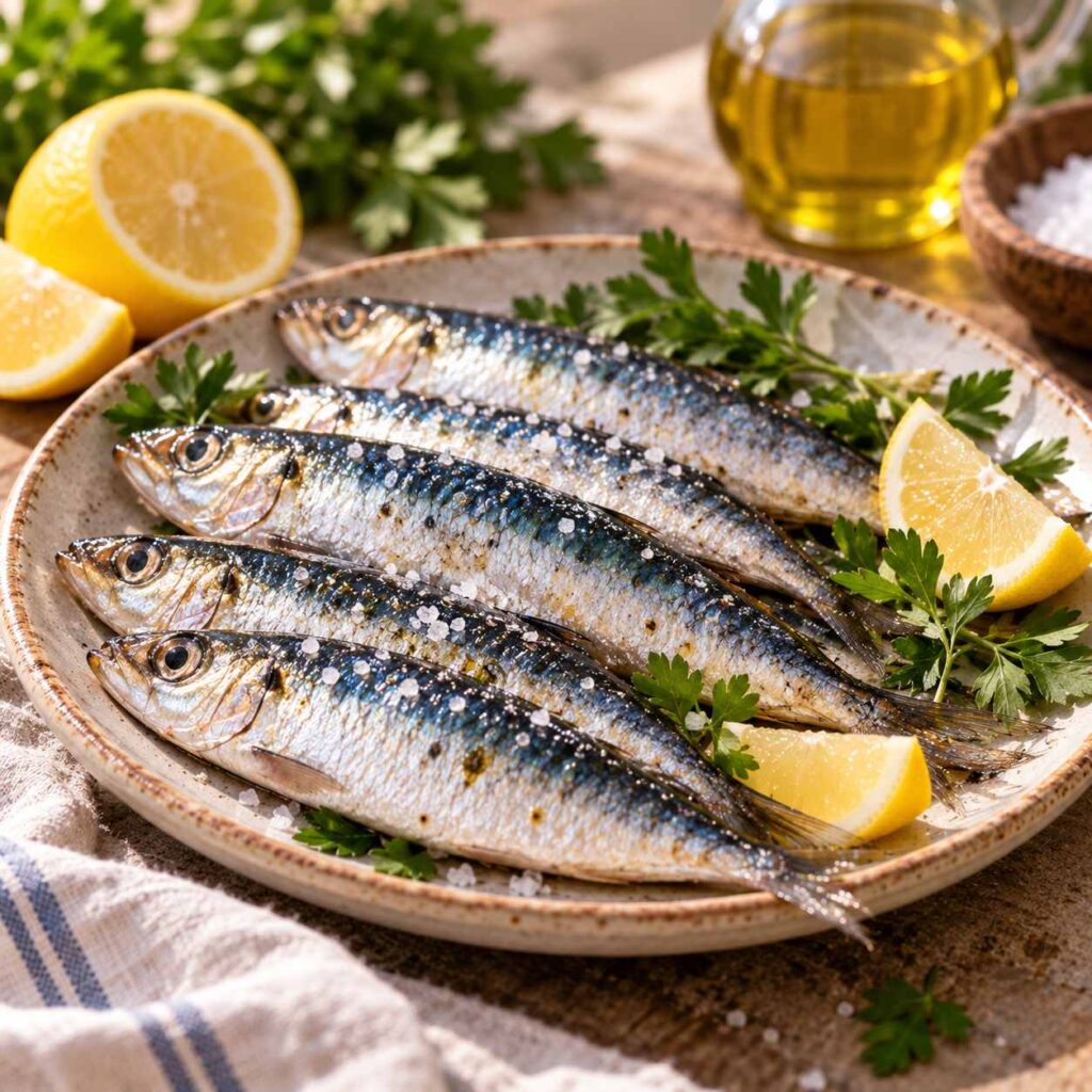 Sardinas enteras sobre un plato de cerámica, acompañadas de perejil fresco y gajos de limón.