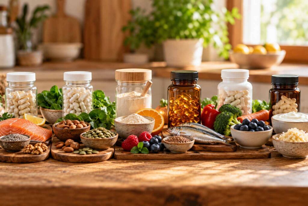 Alimentos frescos como pescado, verduras, frutos secos y frutas junto a varios suplementos alimenticios.