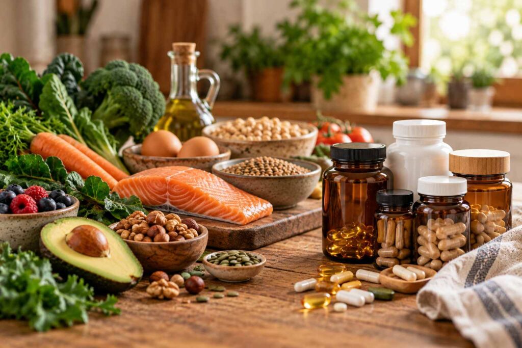 Alimentos frescos como verduras, pescado, huevos y frutos secos junto a varios frascos de suplementos alimenticios.