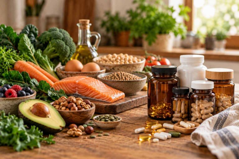 Alimentos frescos como verduras, pescado, huevos y frutos secos junto a varios frascos de suplementos alimenticios.